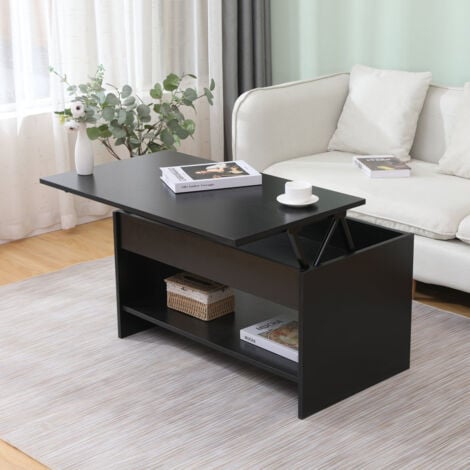 FURNITURE HMD Lift up Top Coffee Table with Bottom Storage Shelf and Hidden Drawer Living Room Furniture,Black,85x50x45cm(WxDxH)