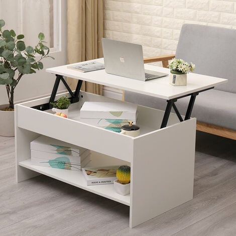 FURNITURE HMD Lift up Top Coffee Table with Bottom Storage Shelf and Hidden Drawer Living Room Furniture,White,85x50x45cm(WxDxH)