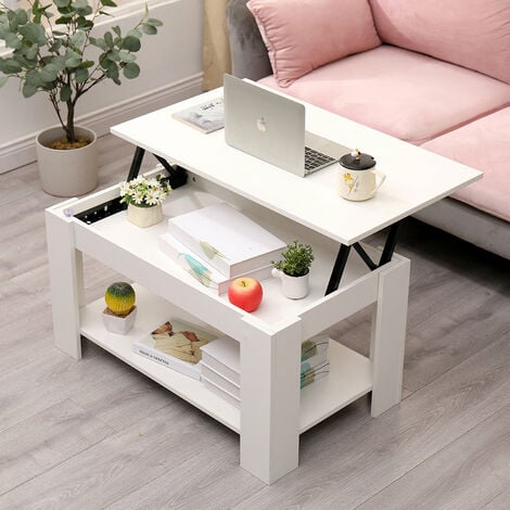 FURNITURE HMD Lift Up Top Coffee Table with Storage and Shelf,White-85x50x45cm(WxDxH)