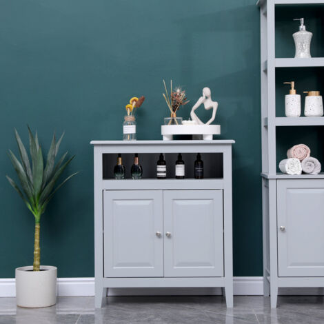 FURNITURE HMD MDF 2 Doors Bathroom Storage Unit Standing Cabinet Freestanding Cupboard with Open Shelf