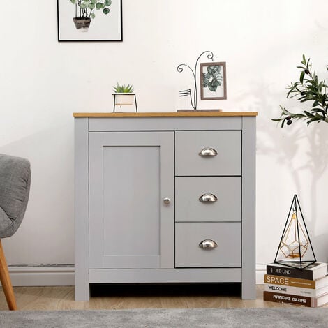 FURNITURE HMD Multi Storage Cabinet Free Standing Unit 1 Door 3 Drawer Sideboard Cupboard- Grey+Oak,79x35x81cm(WxDxH)