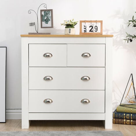 FURNITURE HMD Multi Wooden Storage Cabinet Drawer Chests,2+2 Drawers Sideboard Multi-Storage Unit,White+Oak,79x35x81cm(WxDxH)