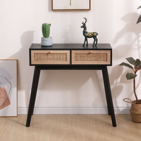 FURNITURE HMD Rattan Natural and Black Frame Console Table with 2 Drawers Storage Unit