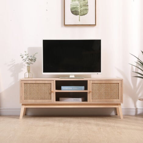 FURNITURE HMD Rattan TV Unit with 2 Doors 2 Shelves TV Unit,Free Standing Cabinet,Natural,120x34x46.5cm(WxDxH)