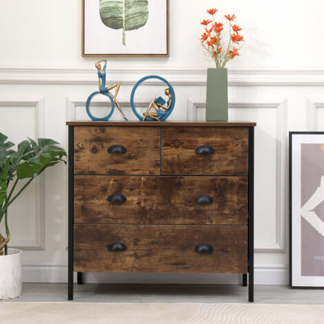 FURNITURE HMD Retro Industrial Style Bedroom Chest of 2+2 Drawers,Storage Unit for Bedroom,Burning Wood Colour,Retro Industrial Style,79x35x71cm(WxDxH)