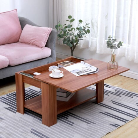 FURNITURE HMD Sliding Coffee/Sofa/End Table with Shelf,Walnut-85x50x45cm(WxDxH)