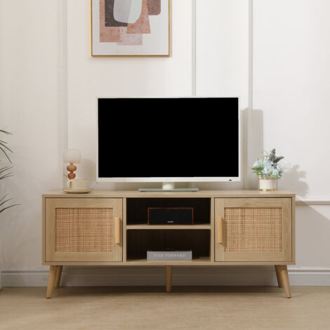 FURNITURE HMD TV Unit 2 Door 2 Shelves Cabinet Stand Wooden Storage Unit,Natural