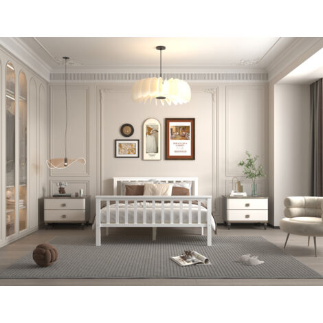 FURNITURE HMD White Double Bed Frame Solid Pine Wood:135x190cm