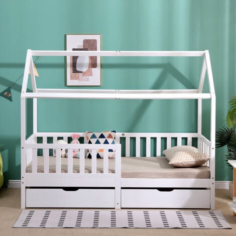 FURNITURE HMD White Kids Bed Single Bed Frame with 2 Storage Drawers,Pine Wood Children Bed with Guardrail