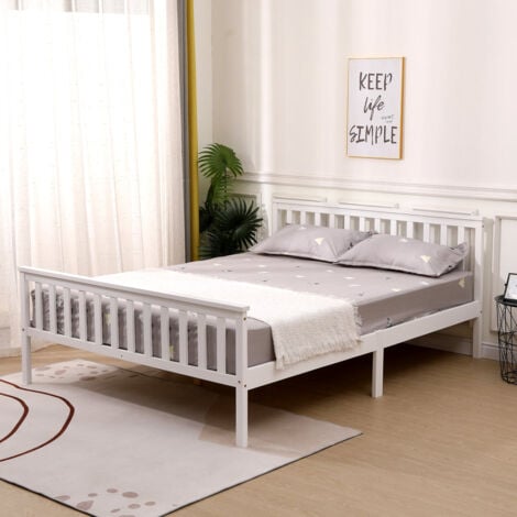 FURNITURE HMD White King Bed Frame Solid Pine Wood:150x200cm