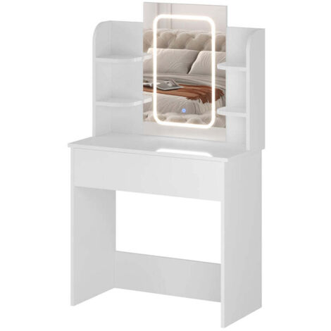 FURNITURE HMD White LED Dressing Table with Mirror, 3 Color Modes, 1 Drawer & 4 Shelves  Modern Vanity Desk with Strip Lights for Bedroom  Space-Saving Flat-Pack Design (85x40x140cm)