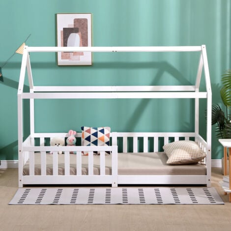 FURNITURE HMD White Single Bed Frame with 2 Storage Drawers,Solid Pine Wood Children Bed with Grardrail