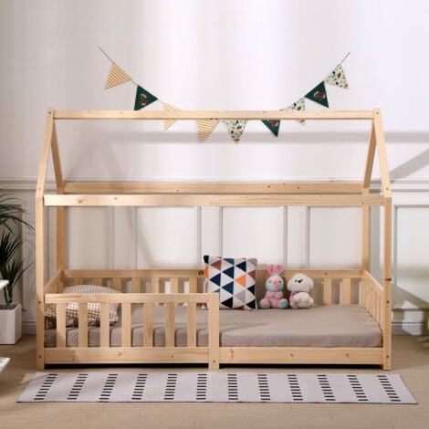 FURNITURE HMD White Single Bed Frame,Solid Pine Wood Children Bed with Grardrail