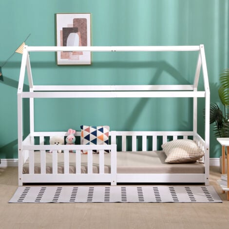 FURNITURE HMD White Single Bed Frame,Solid Pine Wood Children Bed with Grardrail