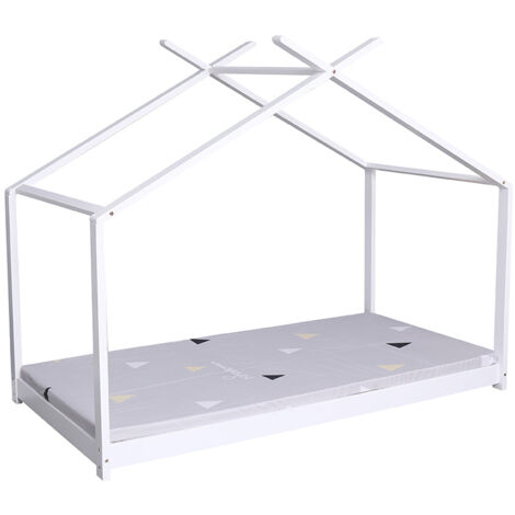 FURNITURE HMD White Single Solid Pine Bed Frame with House Top Design,Mattress(WITHOUT):90x190cm
