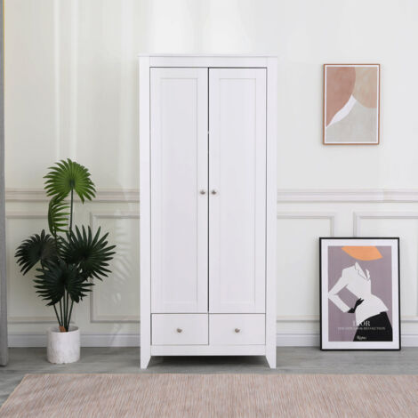 FURNITURE HMD White Wardrobe with 2 Doors and 2 Drawers Storage Cloths Unit Cabinet for Bedroom Furniture,79x50x180cm(WxDxH)