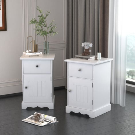 FURNITURE HMD Wooden 1 Door and 1 Drawer Bedside Table Set,2 Piece Nightstand,Bedroom Furniture,35x30x59cm(WxDxH)