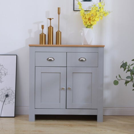 FURNITURE HMD Wooden 2 Drawers 2 Doors Cabinet Chest of Drawers Storage Unit Sideboard,Grey+Oak,79x35x81cm(WxDxH)