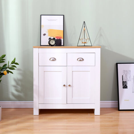 FURNITURE HMD Wooden 2 Drawers 2 Doors Cabinet Chest of Drawers Storage Unit Sideboard,White+Oak,79x35x81cm(WxDxH)