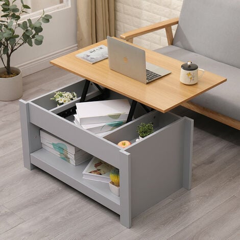 FURNITURE HMD Wooden Lift up Top Coffee Table with 3 Hidden Storage Compartment and Bottom Storage Shelf for Living Room,Grey,85x50x45cm(WxDxH)