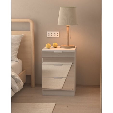 FURNITURE HMD Wooden Mirrored 3 Drawers Bedside Table,Drawers Chest,Bedroom Furniture,40x35x58cm(WxDxH)