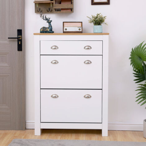 FURNITURE HMD Wooden White+Oak Shoes Storage Cabinet Footwear Stand Cupboard Hallway Unit 1+2 Drawers,78x25x108cm(WxDxH)