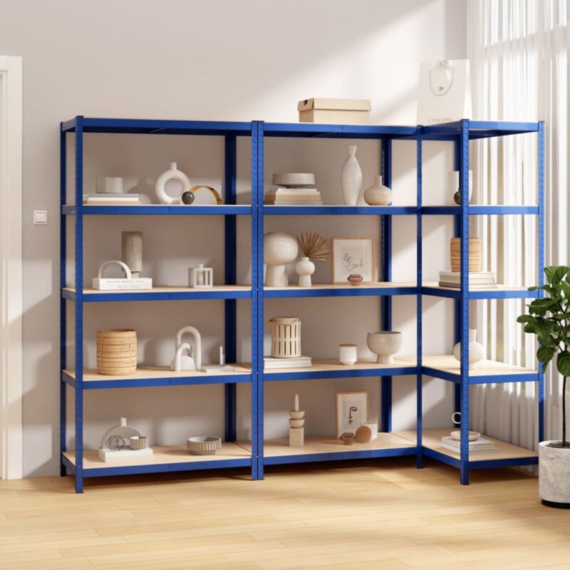 Prolenta Premium - Furniture Limited - Étagères à 5 niveaux 3 pcs Bleu Acier et bois