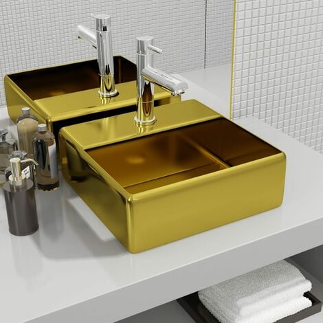 NOVA Évier de salle de bain en céramique carré avec trou de différentes couleurs Trou du robinet Lavabo avec trou pour robinet 38 x 30 x 11,5 cm Céramique Doré