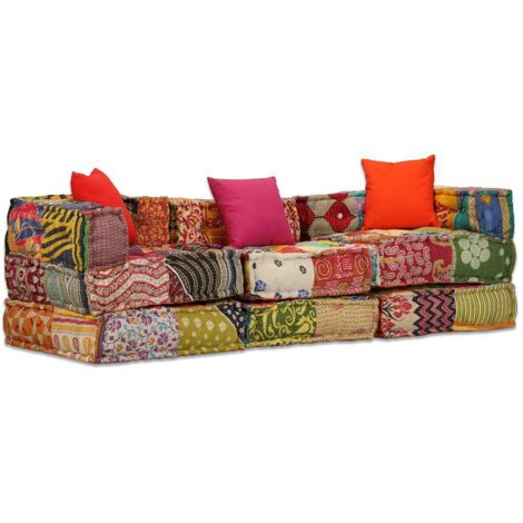 Furniture Limited - Pouf Modulare a 3 Posti in Tessuto Patchwork