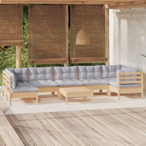 Furniture Limited - Salon de jardin 8 pcs avec coussins gris Bois