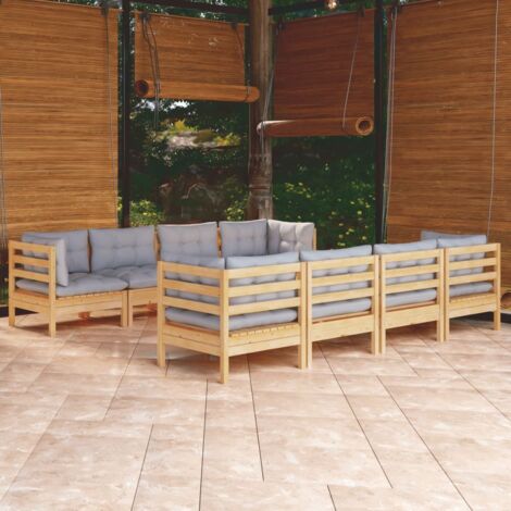 Furniture Limited - Salon de jardin 9 pcs avec coussins gris bois
