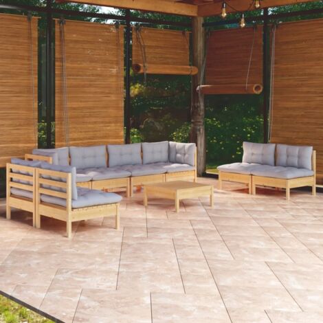 Furniture Limited - Salon de jardin 9 pcs avec coussins gris bois