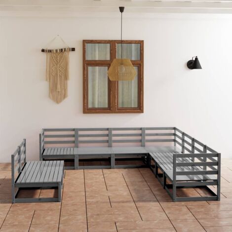 Furniture Limited - Salon de jardin 9 pcs gris bois de pin massif