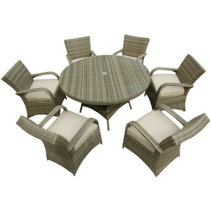 6 Seater Round Garden Table & Chairs Fully Assembled - Nature - Natural - Furniture One