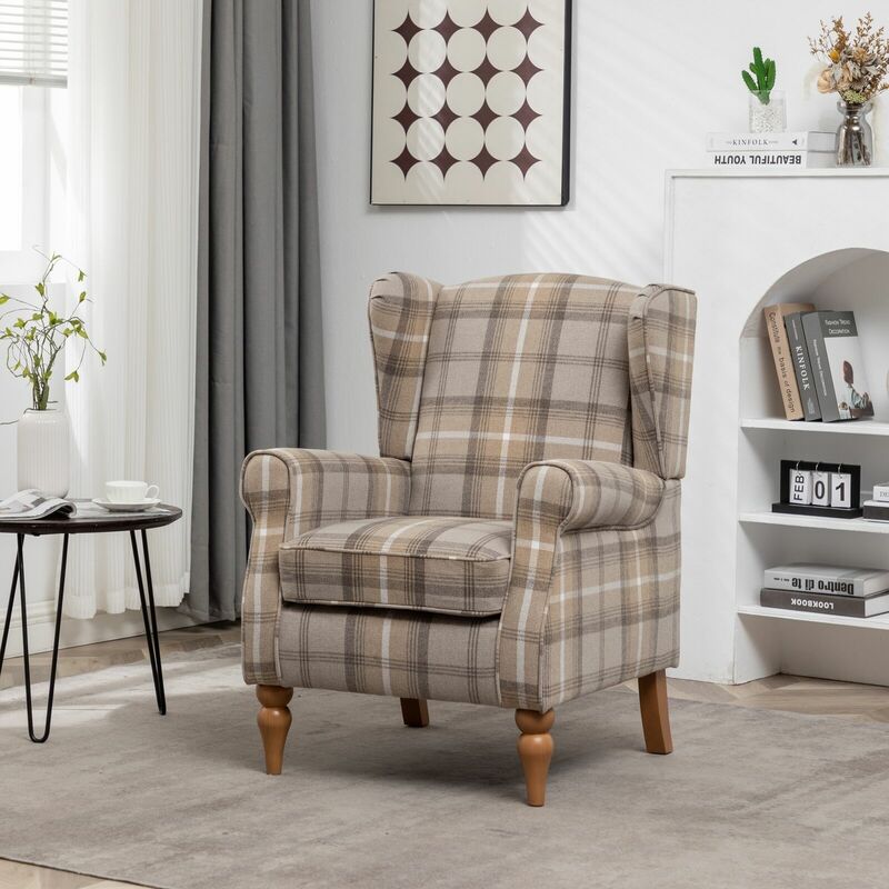 Wingback Chair Fireside High Back Armchair - Natural Check - Natural