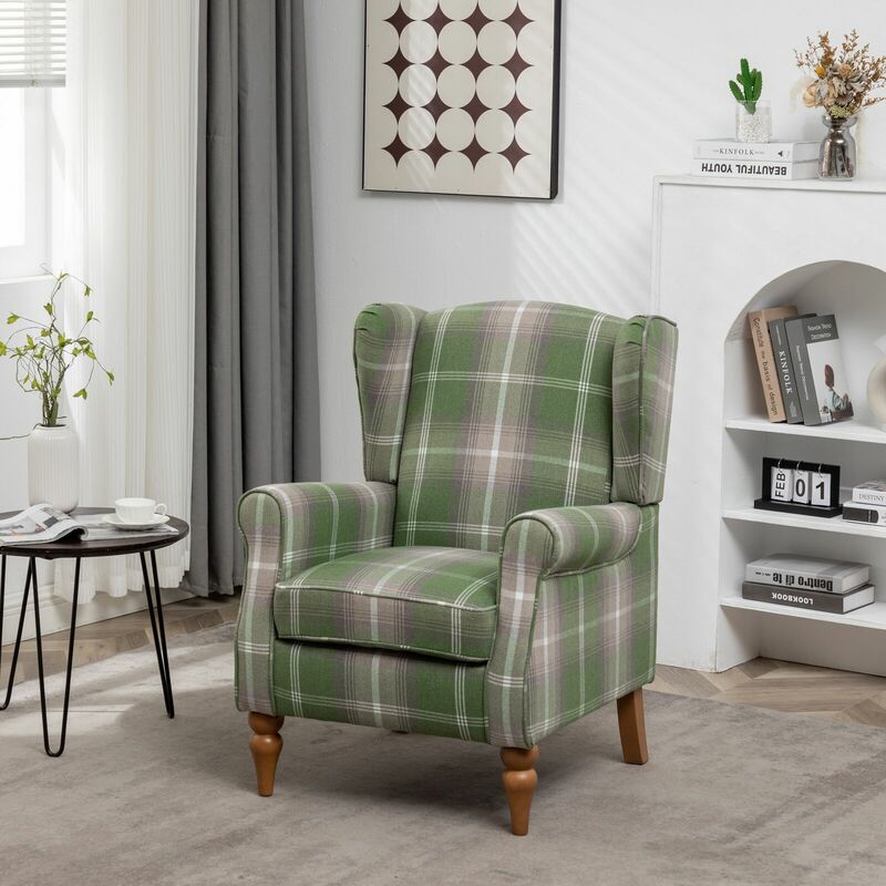 Wingback Chair Fireside High Back Armchair - Green Check - Green