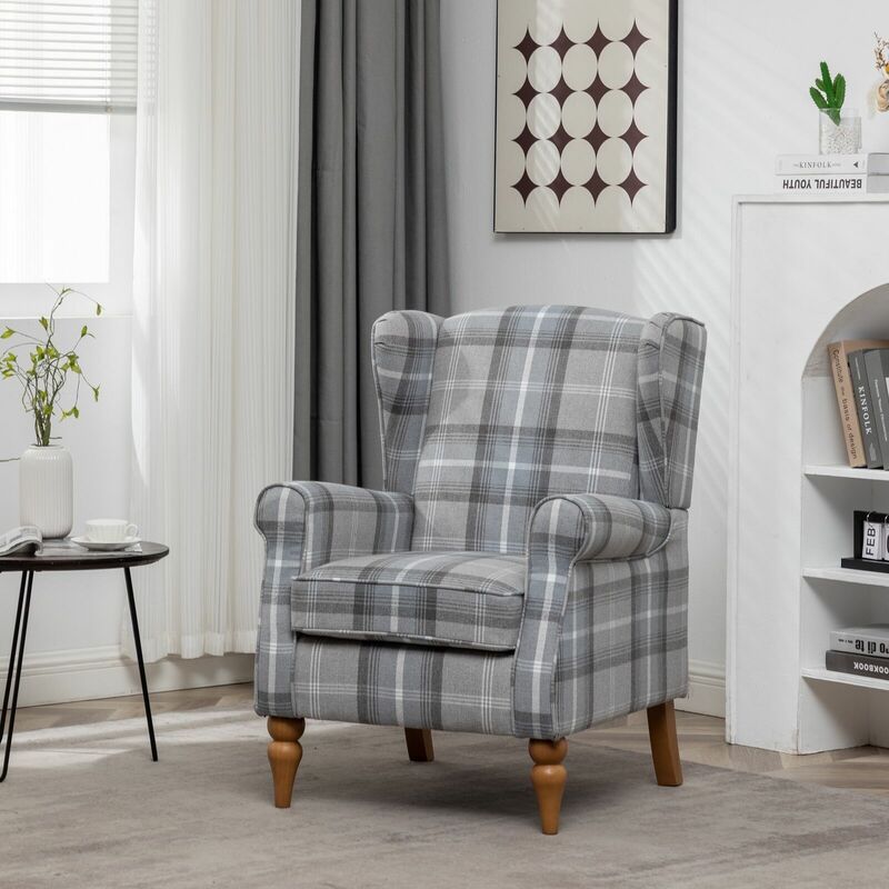 Wingback Chair Fireside High Back Armchair - Grey Check - Grey