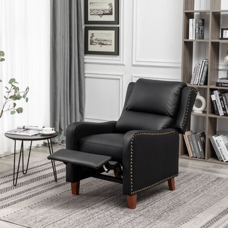 Furniture One Pushback Recliner Chair Leather Effect Armchair with Rivet Decoration Single Sofa Accent Chair for Living Room - Dark Black