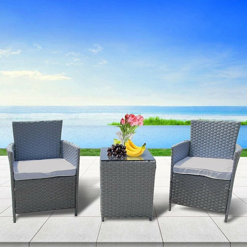 Rattan Bistro Set Garden Chair Table Patio Outdoor - LightGray - LightGray - Furniture One