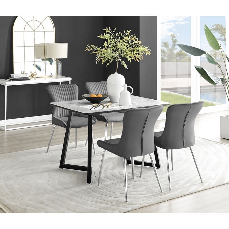 Furniturebox Carson White Marble Effect Recatngular 120cm Dining Table & 4 Dark Grey Nora Silver Leg Velvet Chairs