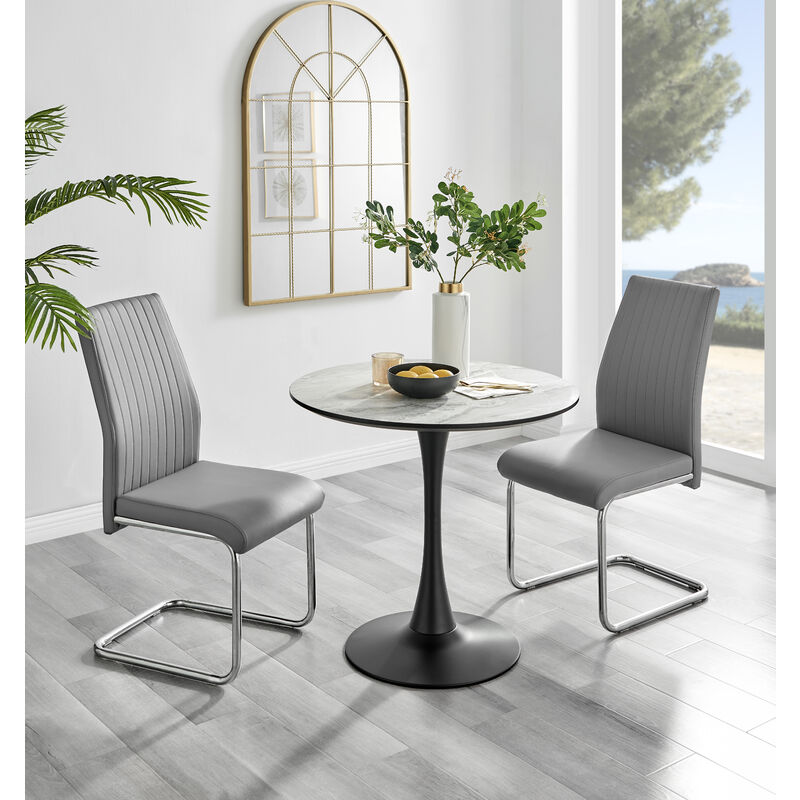 Furniturebox Elina White Marble Effect Modern 80cm Round Dining Table & 2 Grey Lorenzo Faux Leather Chairs