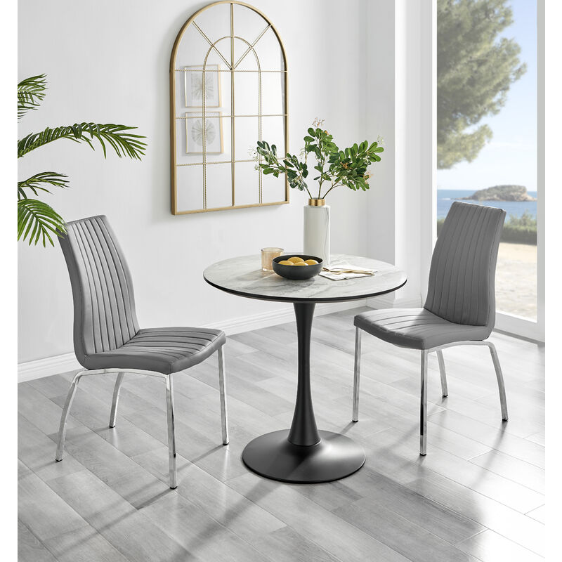 Furniturebox Elina White Marble Effect Modern 80cm Round Dining Table & 2 Grey Isco Faux Leather Chairs