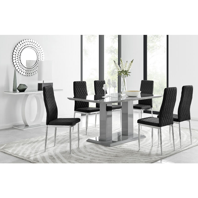 Furniturebox imperia 6 High Gloss Grey Modern Dining Table and 6 Black Milan Faux Leather Dining Chairs With Silver Legs Diamond Stitch Modern