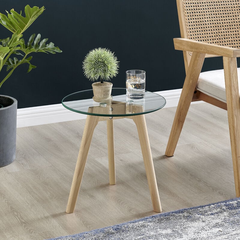 Furniturebox Malmo Side Table Small 40cm Round Glass and Wood Legs Scandinavian Minimalist Industrial