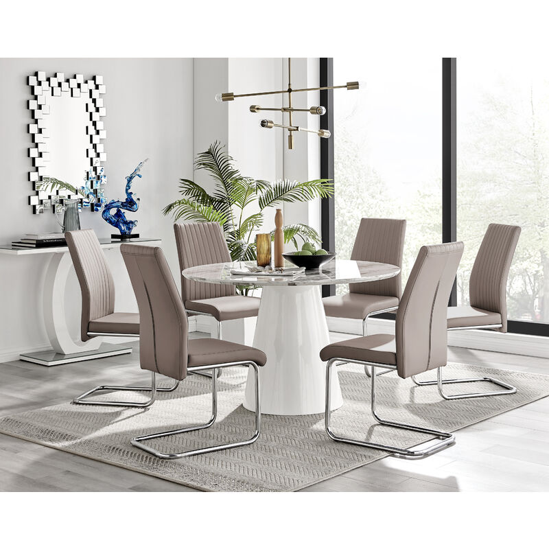 Furniturebox Palma White Marble Effect 120cm Round Minimalist Dining Table & 6 Cappuccino Lorenzo Silver Leg Faux Leather Chairs