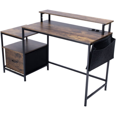 FurnitureR Bureau d'ordinateur, bureau de bureau avec 2 étagères, support pour écran, 1 tiroir profond, table de travail avec 2 prises électriques, 2 ports USB et éclairage LED pour bureau, salon, cou