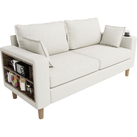 FurnitureR Canapé 3 Places avec Rangement et Porte Gobelet Tissu Chenille Confortable Canapé Moderne pour Salon， Beige