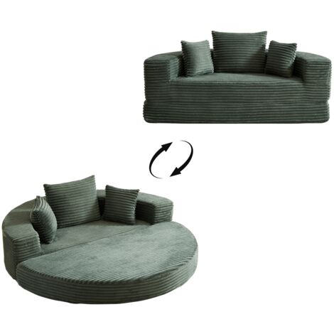 FurnitureR Cord Sofa aus Schaumstoff 2 in 1 Rundes Lounge Sofa Bett mit Seitentasche Weiches Bodensofa für Wohnzimmer Balkon， Grün