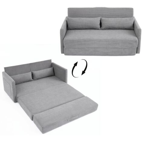 FurnitureR Cord Sofa Bett Klappbar 2 in 1 Stoffsofa mit Schaumstoff Polsterung und Seitentasche Platzsparendes Sofa für Wohnzimmer Schlafzimmer， Grau