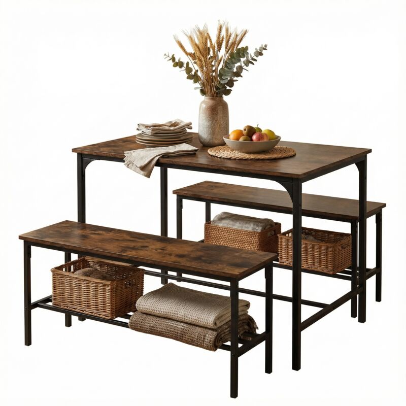 FurnitureR Ensemble de 3 tables à manger de 110 cm avec 2 bancs, structure en acier et bois, style industriel brun rustique, pour 4 personnes,